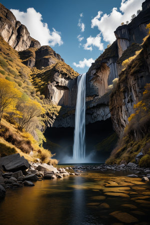 there is a waterfall that is flowing down a mountain sideの素材