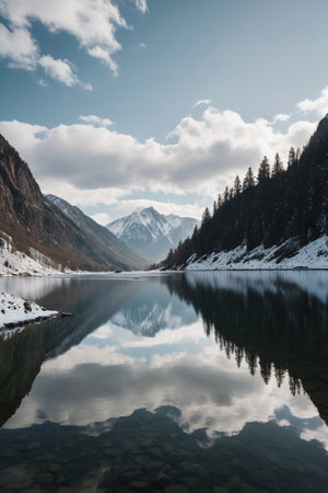 there is a lake with a mountain in the background and a few treesの素材