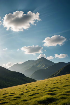 grassy field with a lone horse in the distance and mountains in the backgroundの素材
