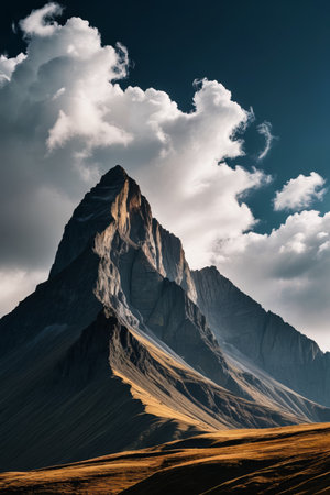 mountains with a few clouds in the sky and a person on a horseの素材