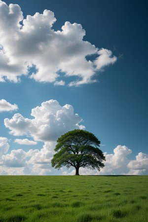 there is a lone tree in a field with a blue skyの素材