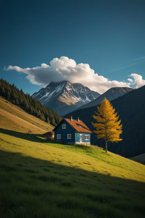 there is a house on a hill with a mountain in the backgroundの素材