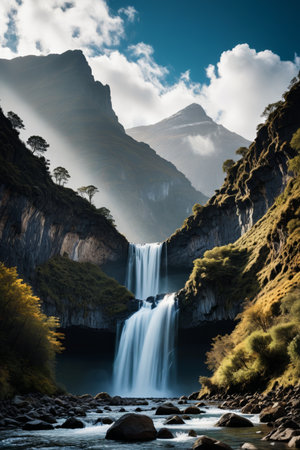 there is a waterfall in the middle of a mountain with a sky backgroundの素材