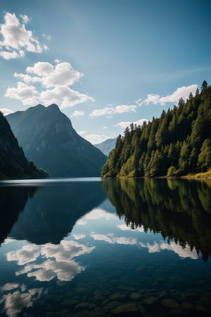 there is a lake with a mountain in the background and a few clouds in the skyの素材