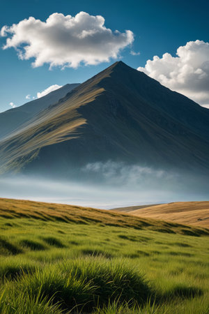 grassy field with a mountain in the backgroundの素材