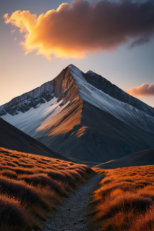 mountains with snow on them and a dirt path in the foregroundの素材