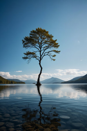 there is a lone tree standing in the middle of a lakeの素材