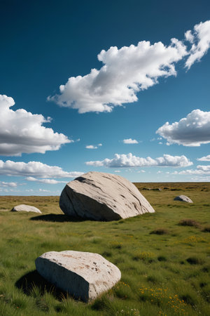 there is a large rock in the middle of a grassy fieldの素材