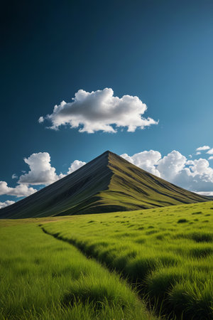 grassy field with a mountain in the background and a trail in the foregroundの素材