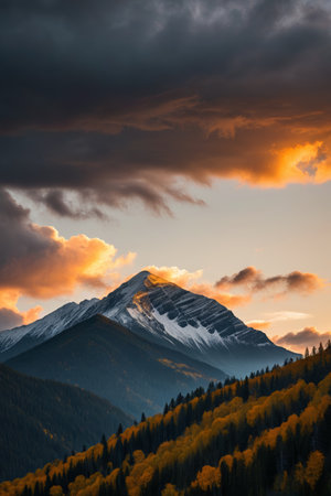 mountains with snow on them and a sunset in the backgroundの素材