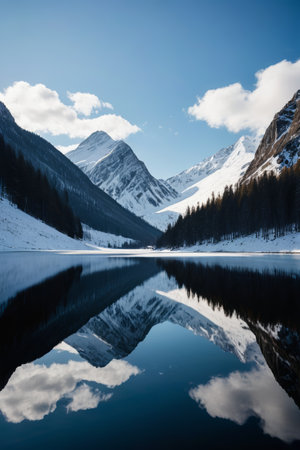 mountains are reflected in a lake in the middle of a snowy landscapeの素材