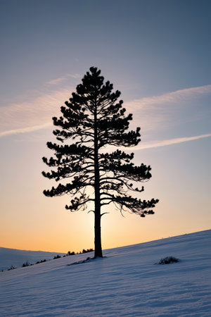 arafed tree on a snowy hill with a sunset in the backgroundの素材