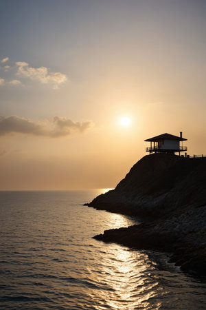 sunset over the ocean with a house on a hill in the distanceの素材