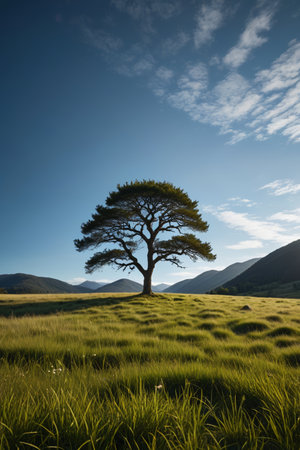 there is a lone tree in a grassy field with mountains in the backgroundの素材