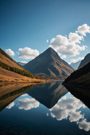mountains reflected in a lake with a blue sky and cloudsの素材