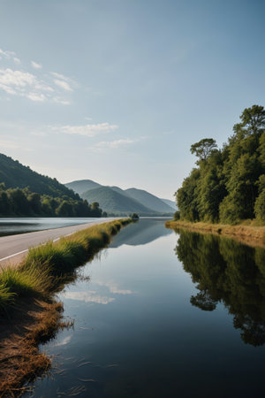 there is a road that is next to a body of waterの素材