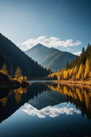 trees are reflected in the still water of a lake in the mountainsの素材