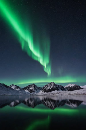a close up of a mountain with a lake and a green auroraの素材