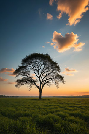 arafed tree in a field with a sunset in the backgroundの素材