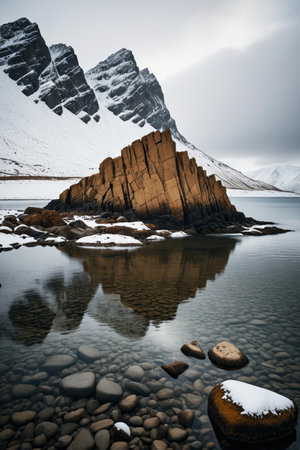 mountains are reflected in the water of a lake with rocksの素材