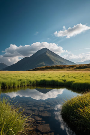 grassy field with a mountain in the background and a small pond in the foregroundの素材