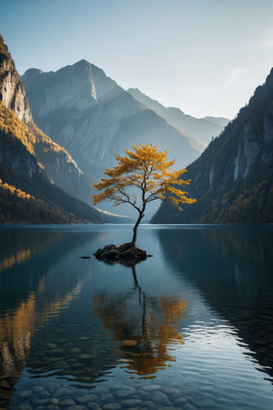 there is a lone tree on a rock in the middle of a lakeの素材