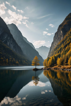 mountains are reflected in the water of a lake with a lone treeの素材