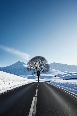arafed tree on the side of a road with snow on the groundの素材