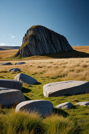grassy area with rocks and grass in front of a large rockの素材