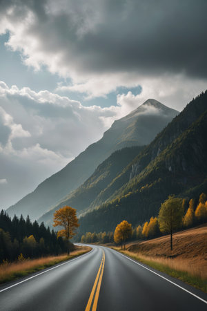 there is a long road with a yellow line going through the mountainsの素材