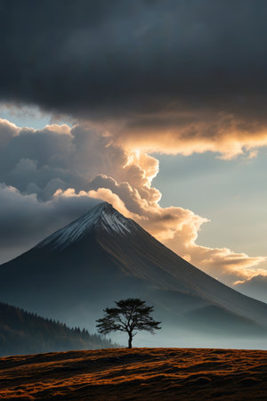 araffe with a lone tree in the foreground and a mountain in the backgroundの素材