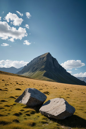 there are two large rocks in the grass near a mountainの素材