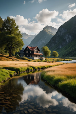 there is a house on the bank of a river in the mountainsの素材