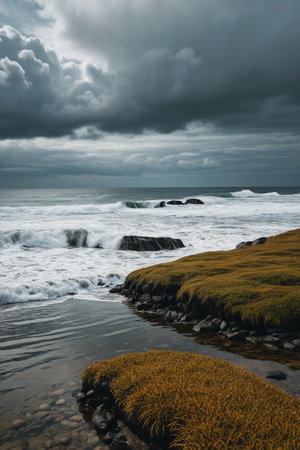 there is a small body of water with a lot of green grass on the shoreの素材