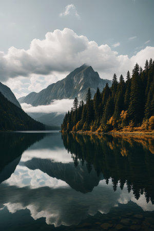 there is a lake with a mountain in the background and clouds in the skyの素材