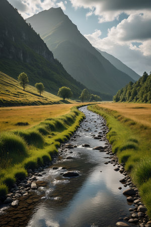 there is a stream running through a grassy field with mountains in the backgroundの素材