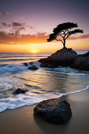 arafed tree on a rock in the ocean at sunsetの素材