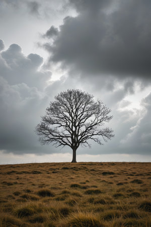there is a lone tree in a field with a cloudy skyの素材