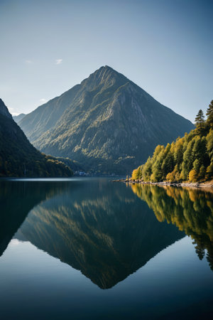 mountains reflected in a lake with trees and a boatの素材