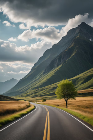 there is a lone tree on the side of the roadの素材