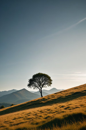there is a lone tree on a grassy hill with mountains in the backgroundの素材