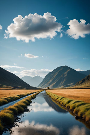 there is a small stream running through a grassy fieldの素材