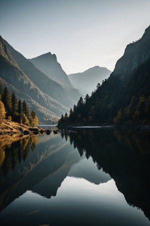 mountains are reflected in the still water of a lakeの素材
