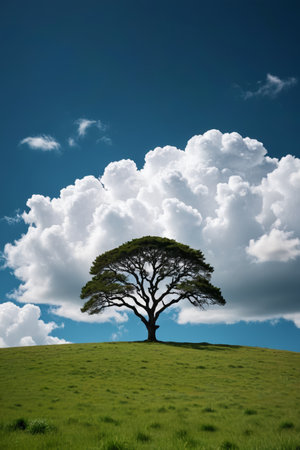 there is a lone tree on a grassy hill with a blue skyの素材