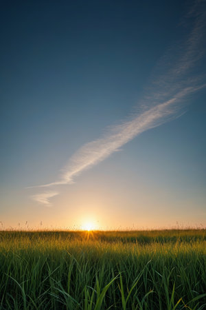 arafed view of a field with a sunset in the backgroundの素材