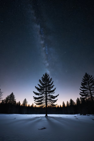 arafed view of a tree in a snowy field with a sky full of starsの素材