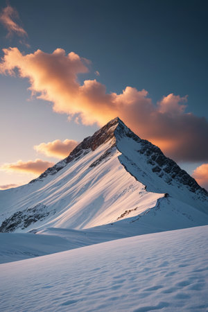 mountains covered in snow with a sunset in the backgroundの素材
