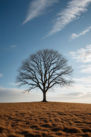 arafed tree in a field with a blue sky in the backgroundの素材