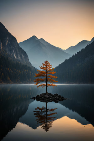 arafed tree on a rock in the middle of a lakeの素材