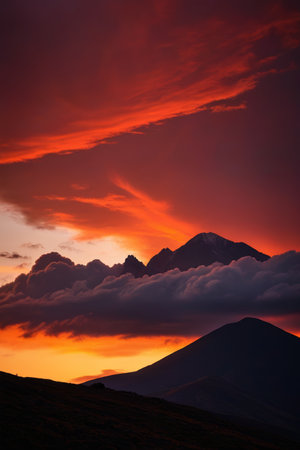 sunset with a horse grazing in the foreground and a mountain in the backgroundの素材